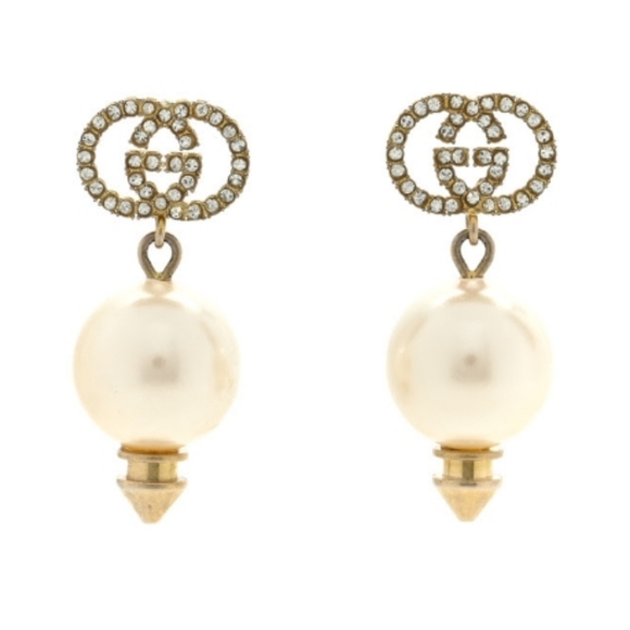 Auth Gucci Metal Crystal Pearl Interlocking G Earrings - Picture 1 of 5